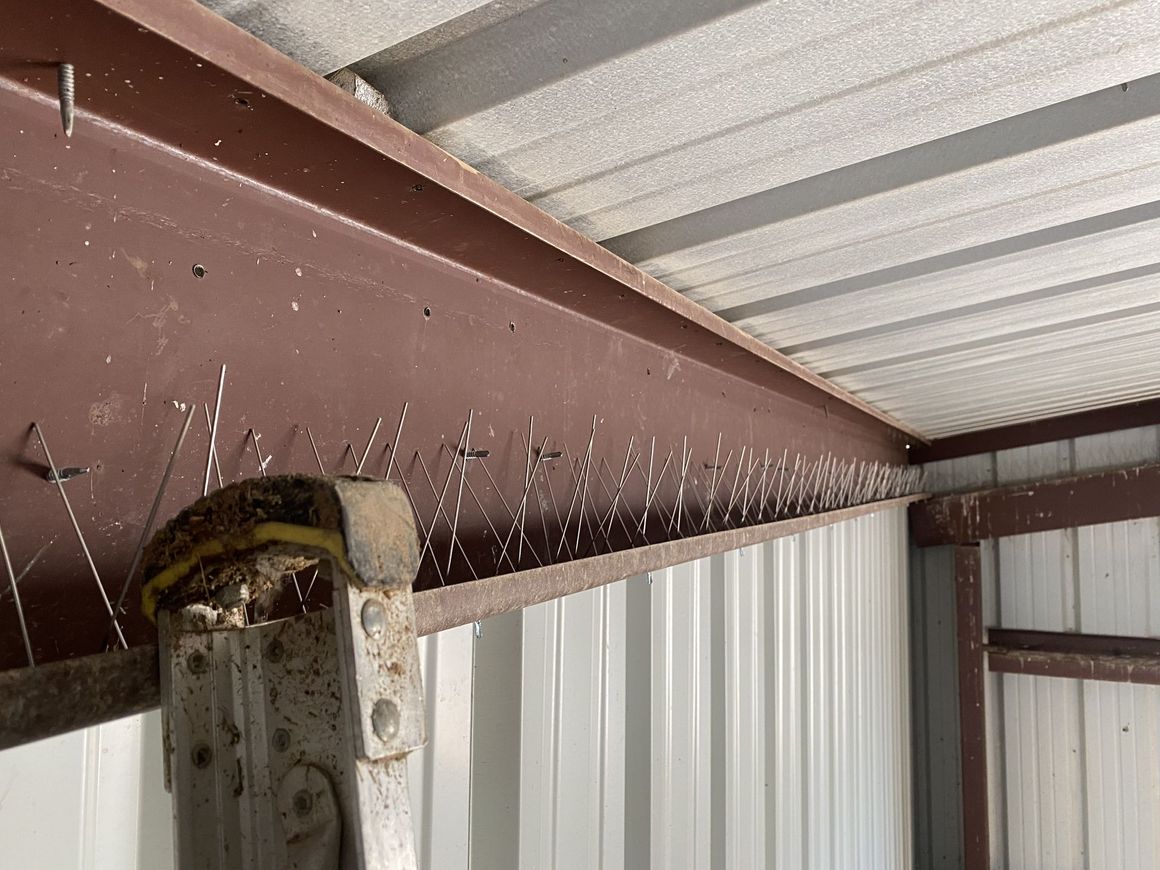 A ladder is sitting under a metal beam in a building.