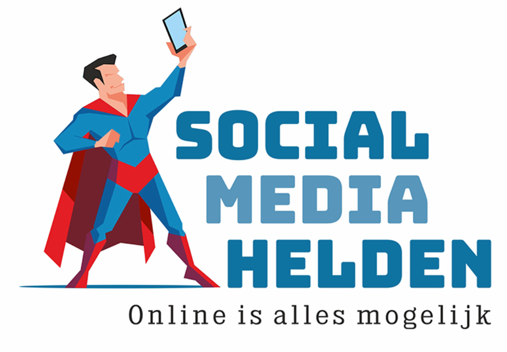 Het logo voor social media helden toont een superheld die een mobiele telefoon vasthoudt.