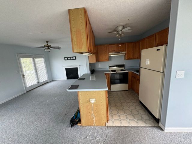 Kitchen with blonde cabinets, breakfast bar, and refrigerator, opening to living area with fireplace and sliding glass doors.