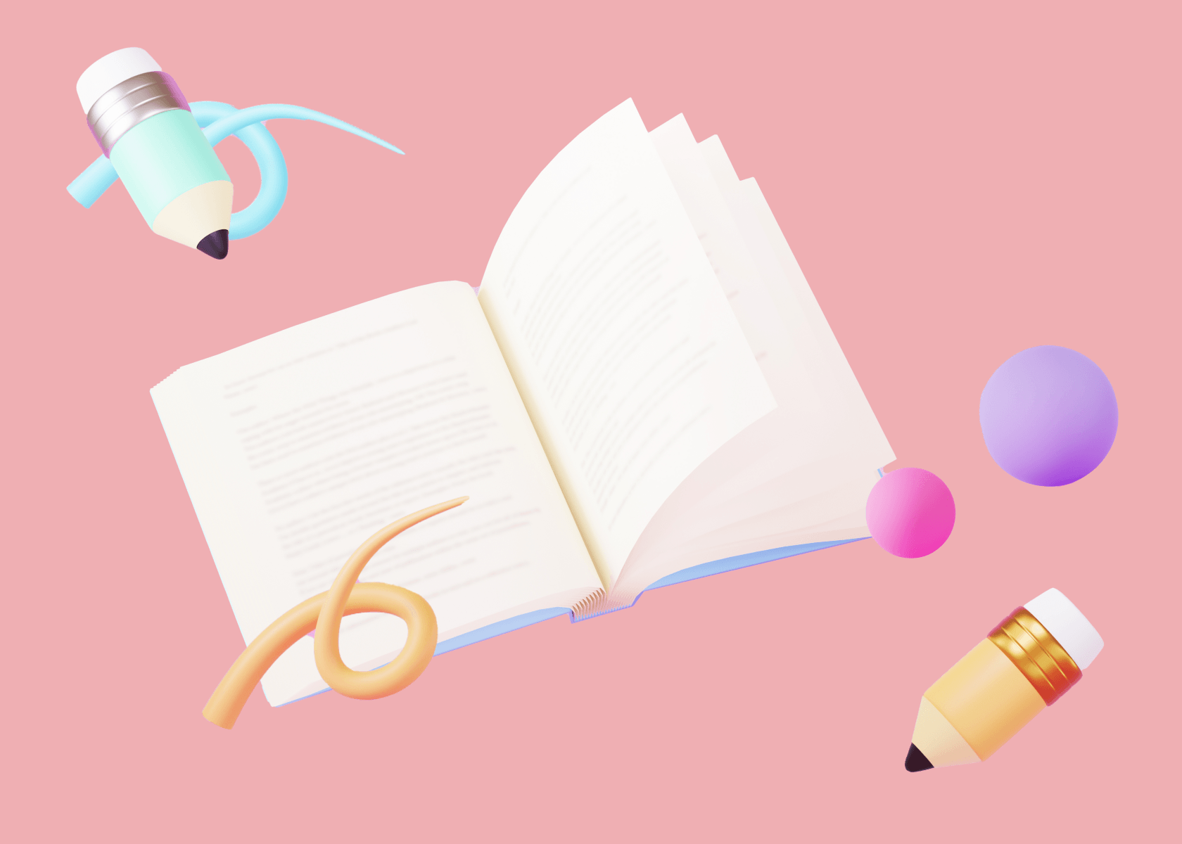 An open book with a pencil , scissors and a ball on a pink background.