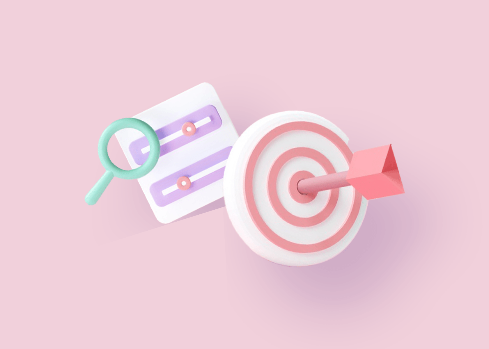 A target with an arrow in the center and a magnifying glass on a pink background.