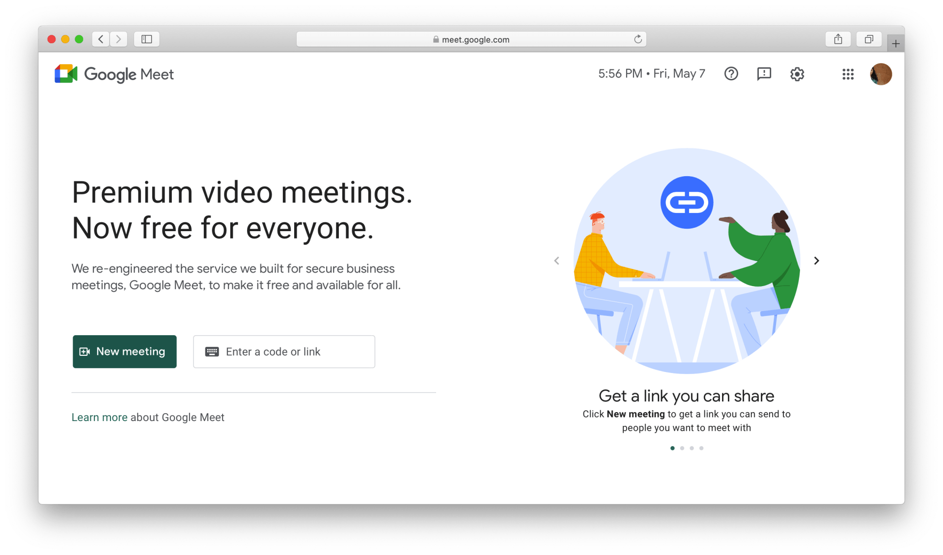 A screenshot of the google free premium video meetings website.