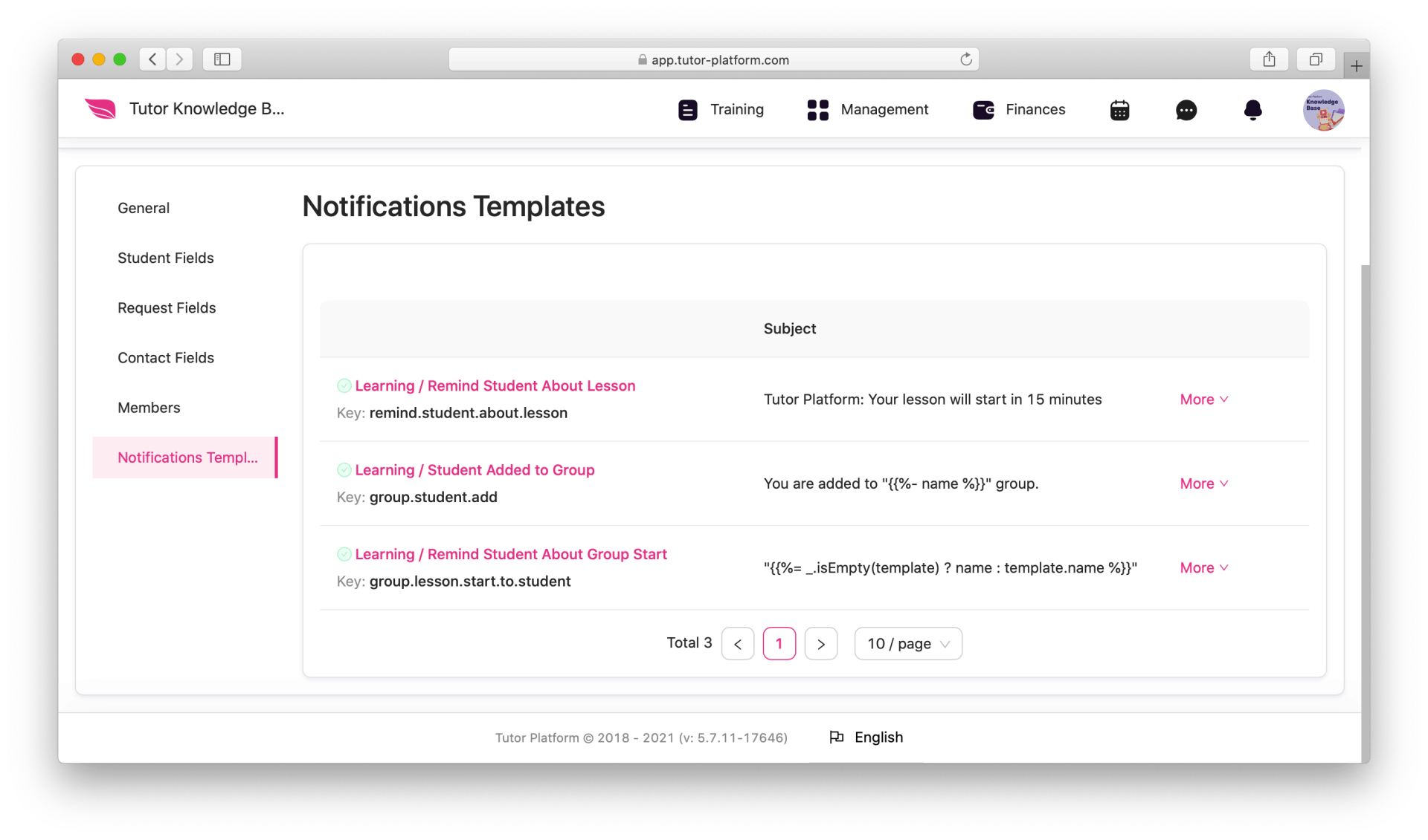 notification templates by tutor platform