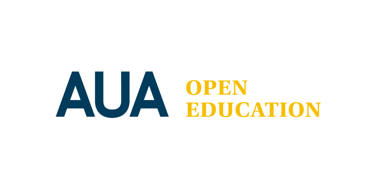The aua open education logo is blue and yellow on a white background.