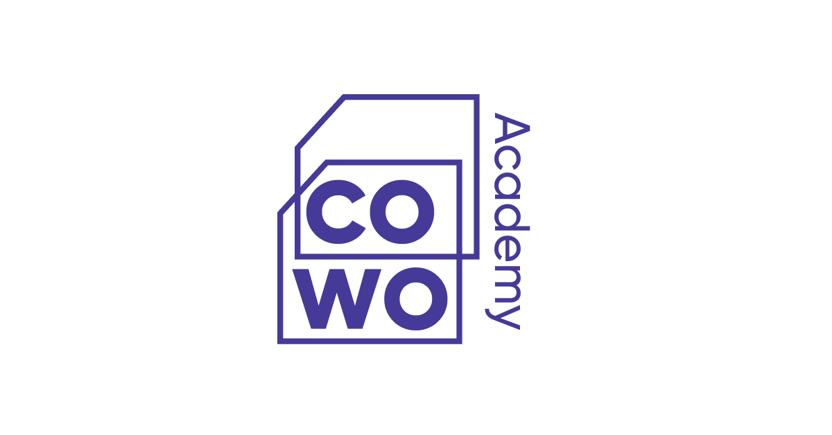 The logo for the co wo academy is a purple box with the words academy written on it.