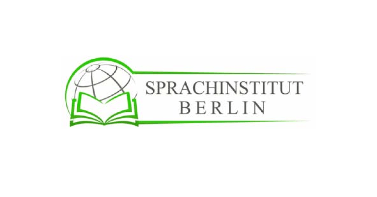 A logo for sprachinstitut berlin with an open book and a globe.