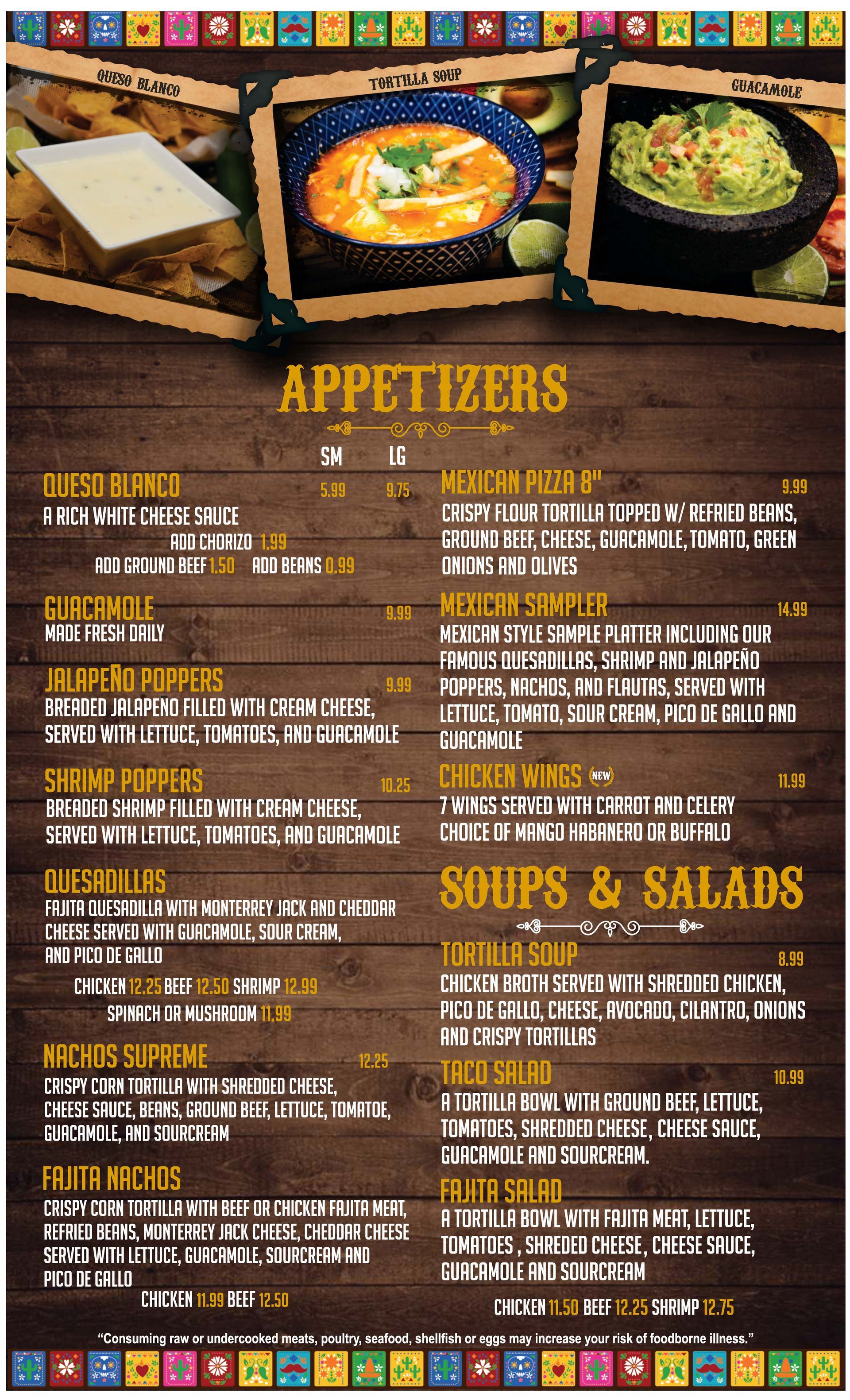 A menu for a restaurant shows appetizers , soups and salads.