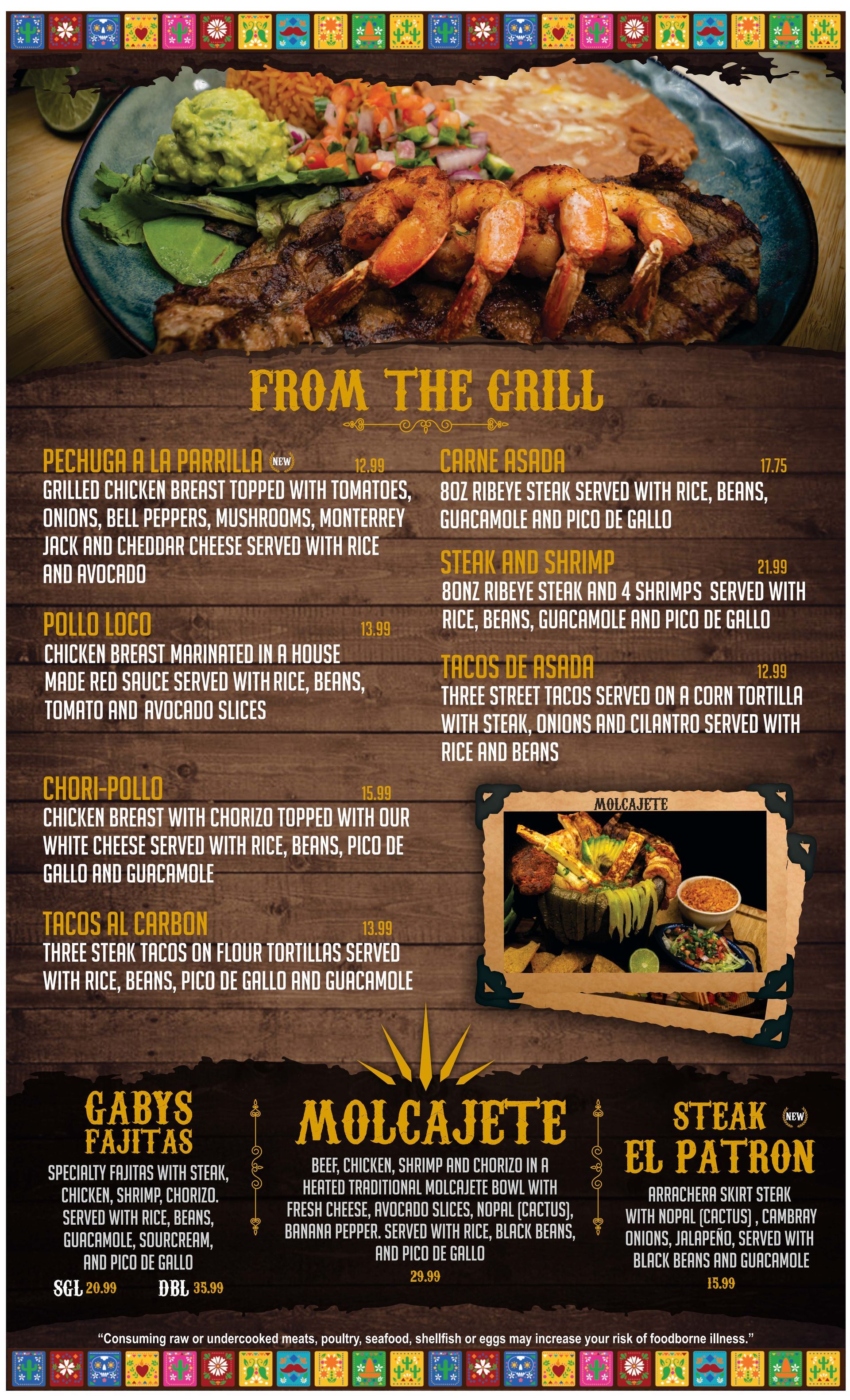 A menu for a restaurant called from the grill