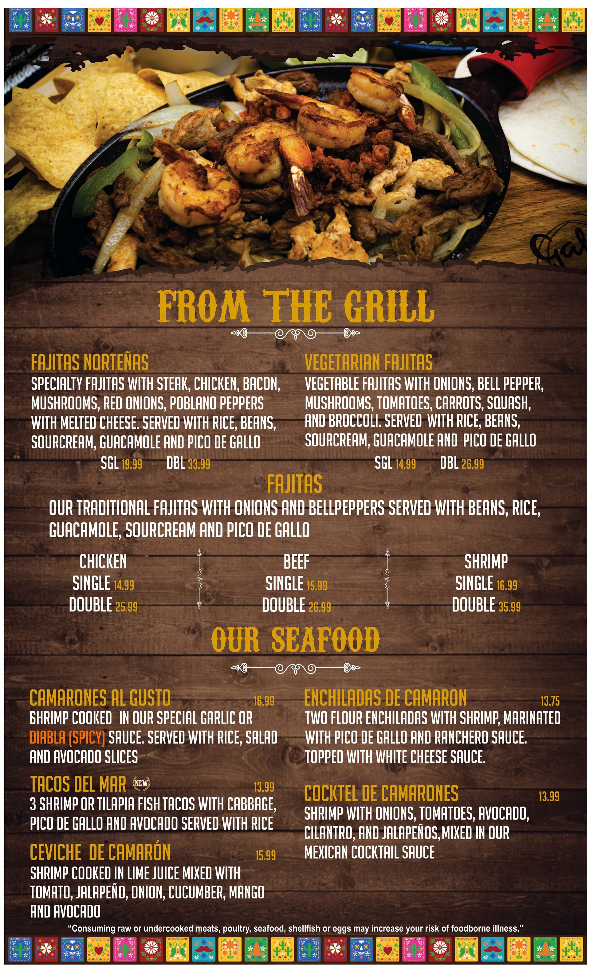 A menu for a restaurant called from the grill