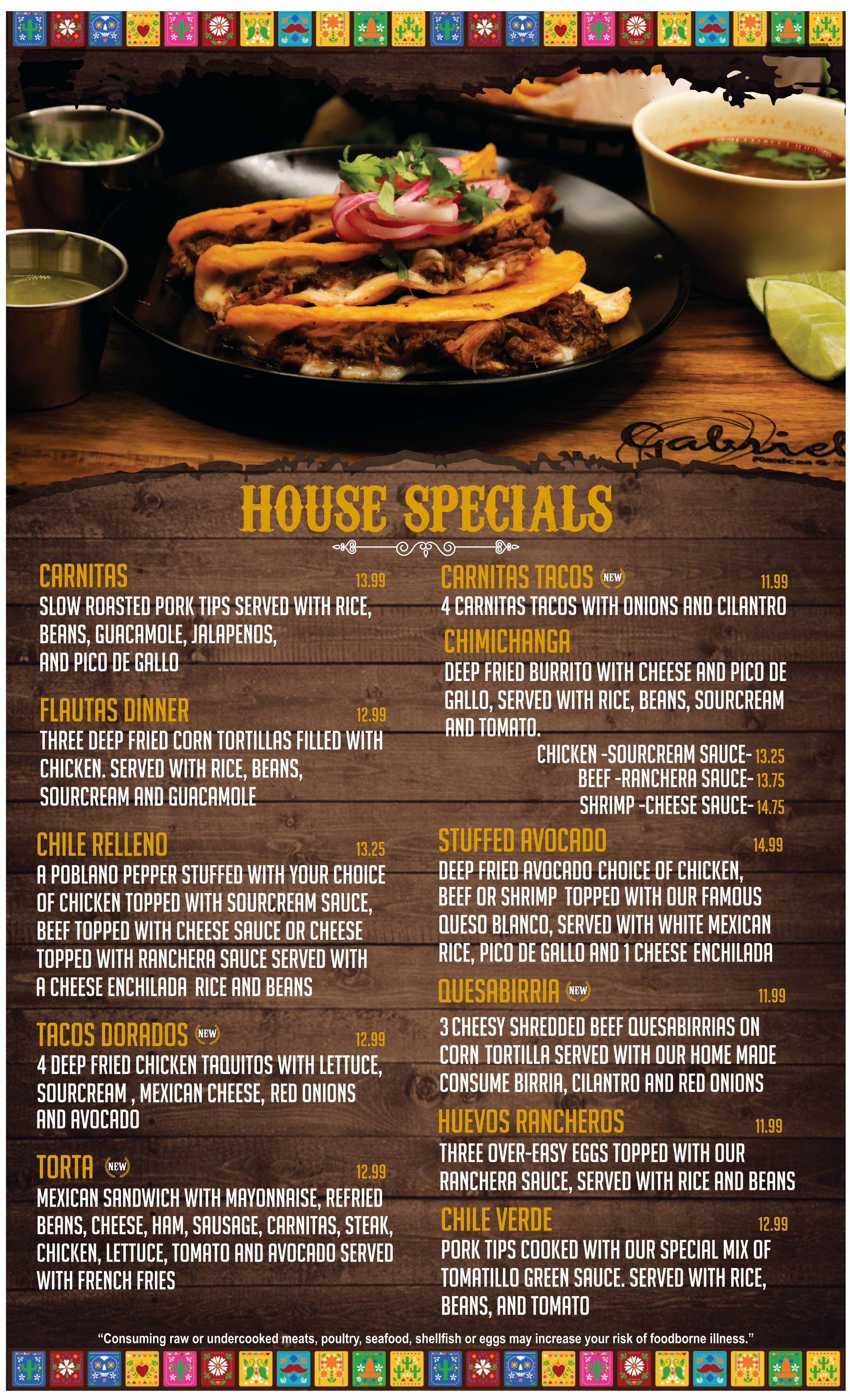 A menu for a restaurant with a picture of a plate of food and a bowl of soup.