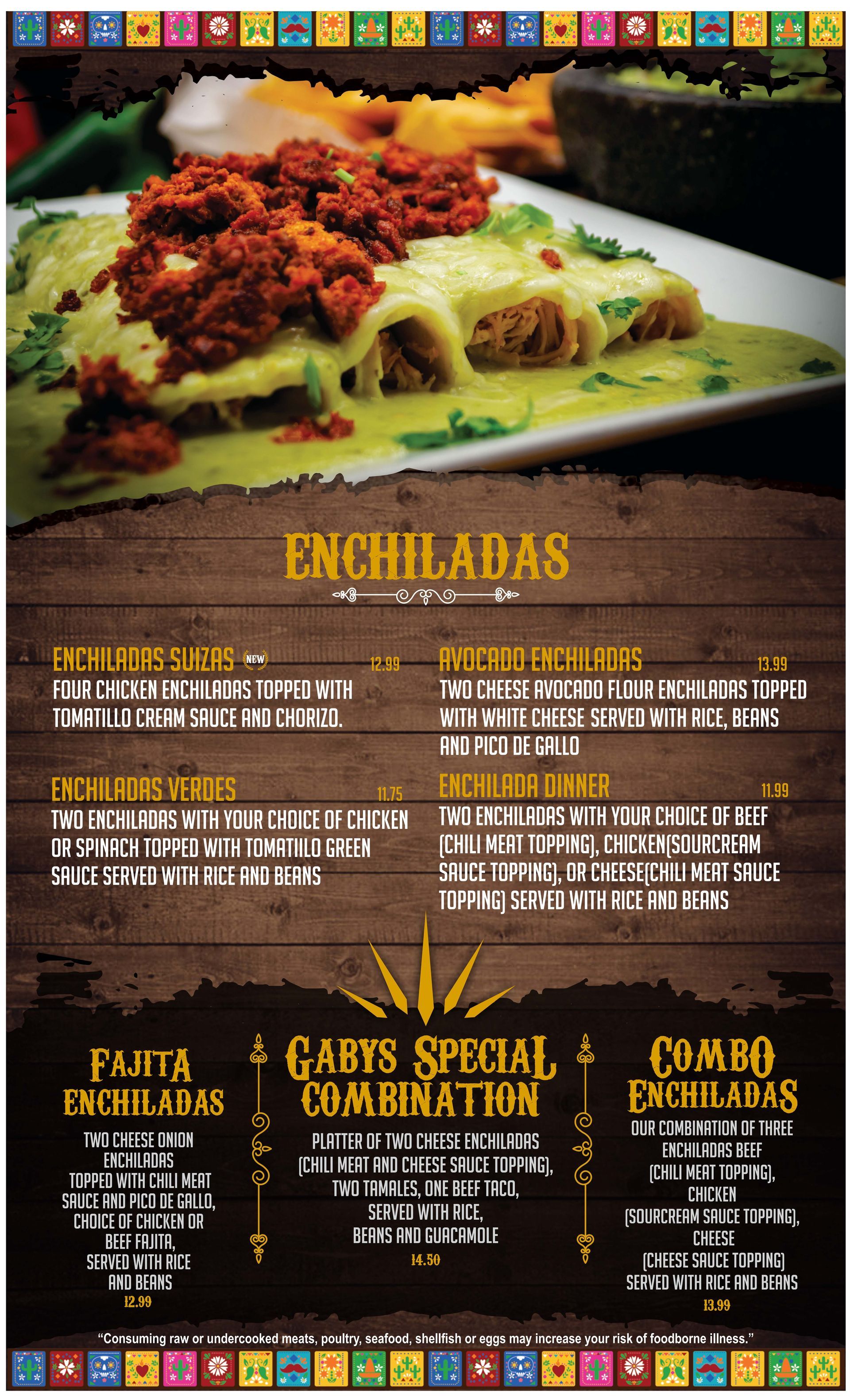 A menu for a restaurant with a picture of enchiladas on it.