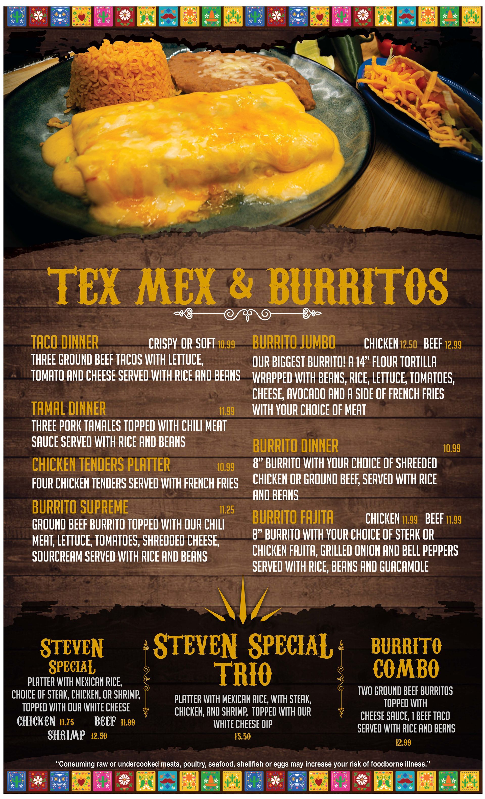 A menu for a restaurant called tex mex and burritos