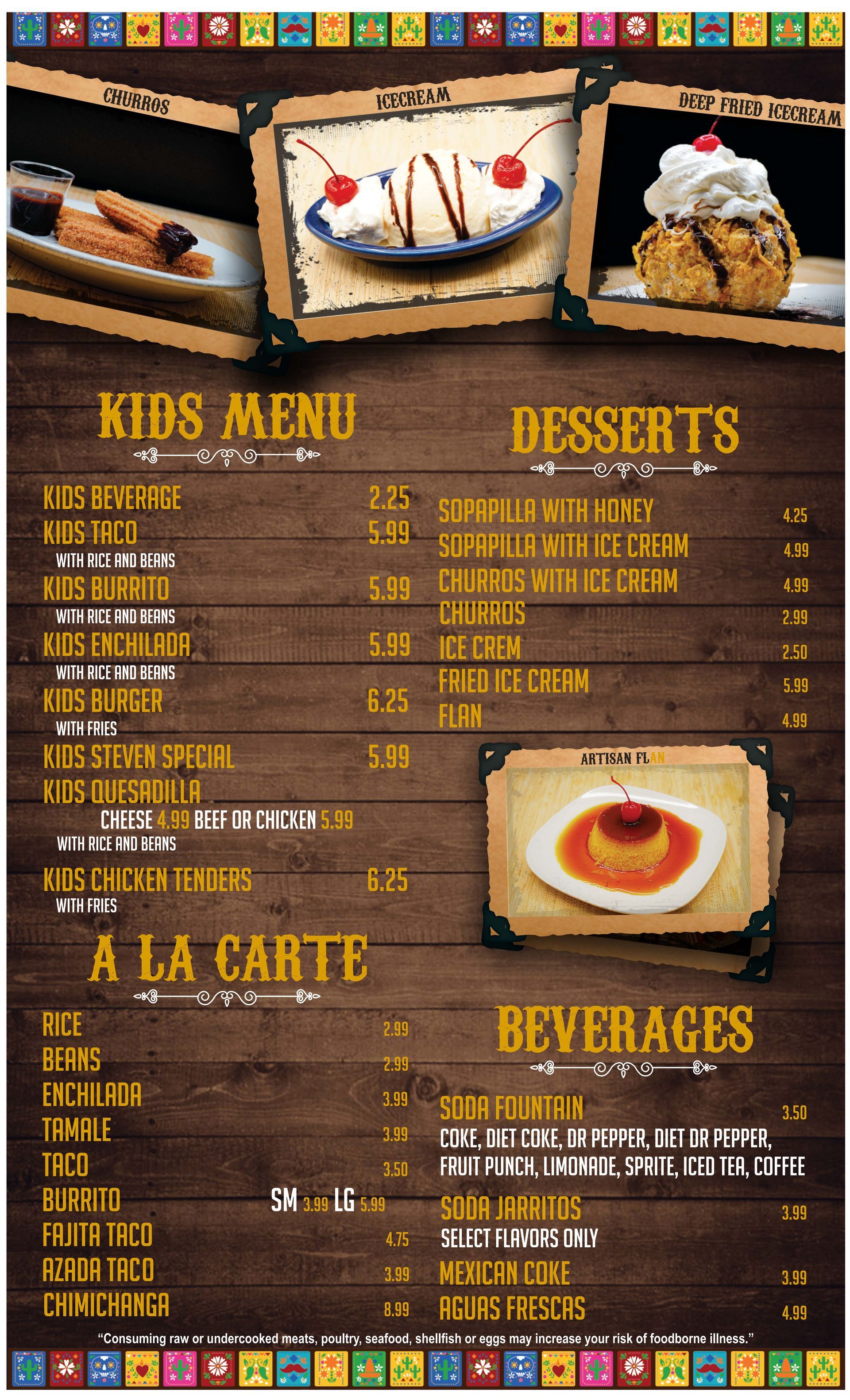 A menu for a restaurant with a picture of desserts and beverages.