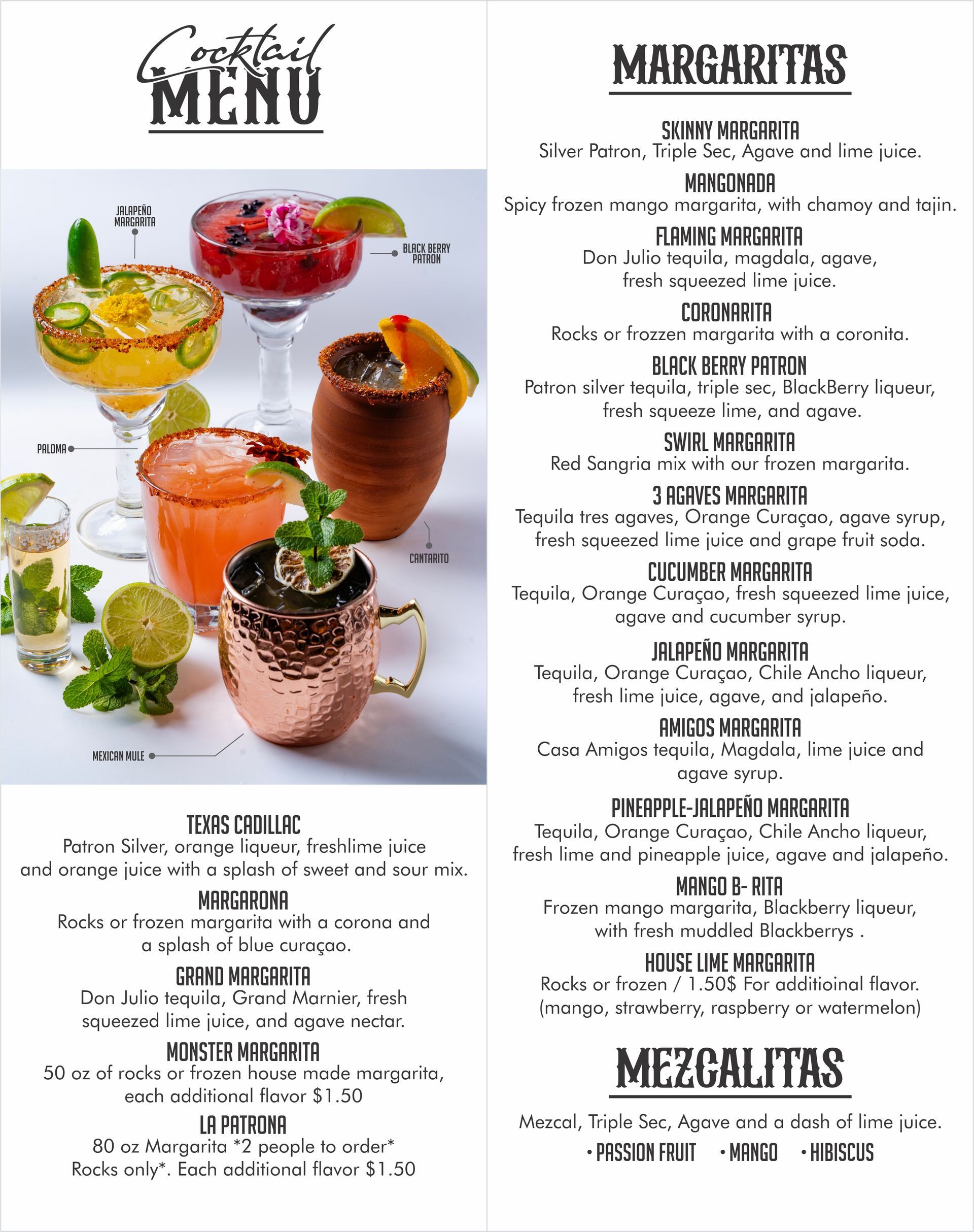 Drink menu for Gabriela's Mexican Grill.