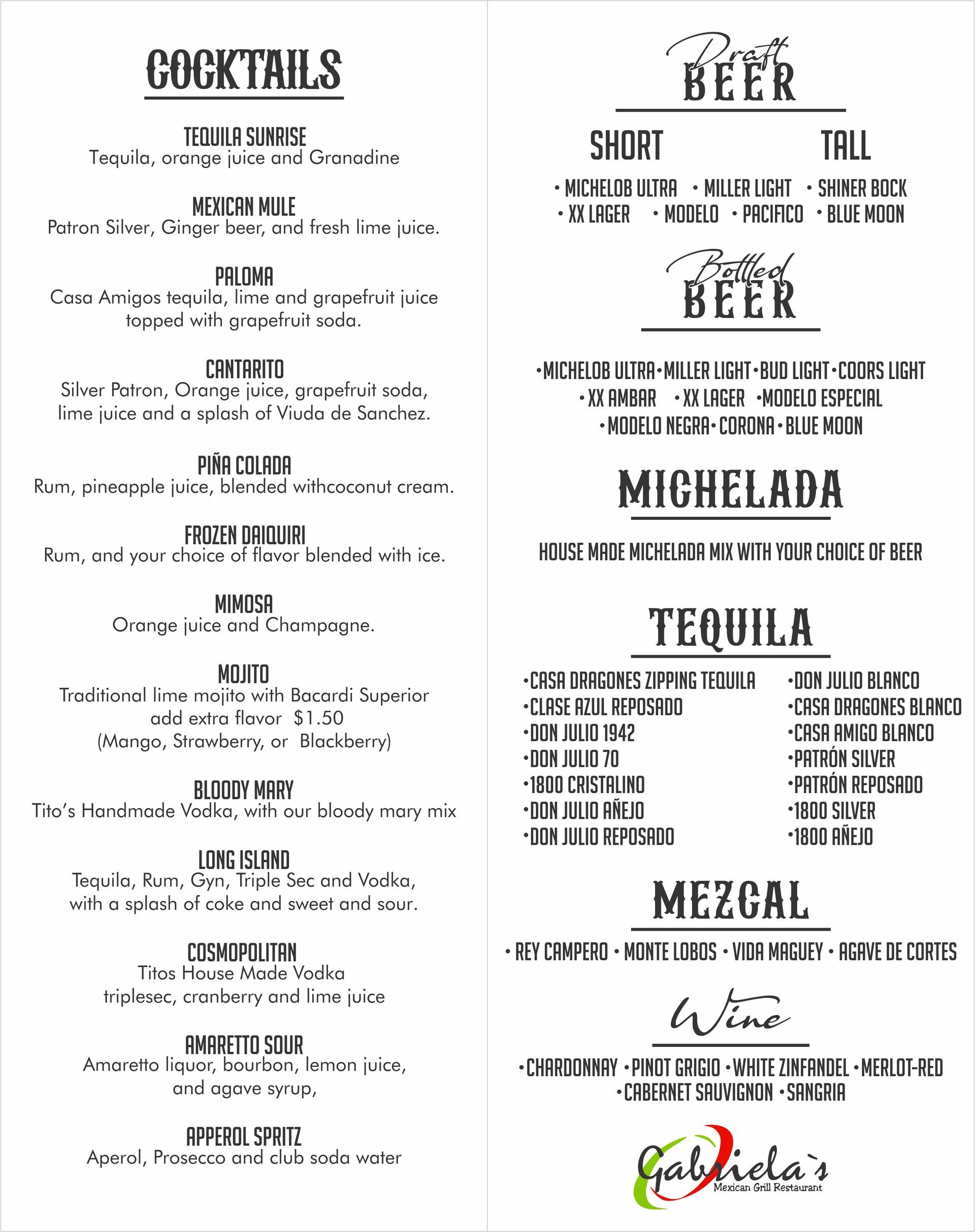 Drink menu for Gabriela's Mexican Grill.