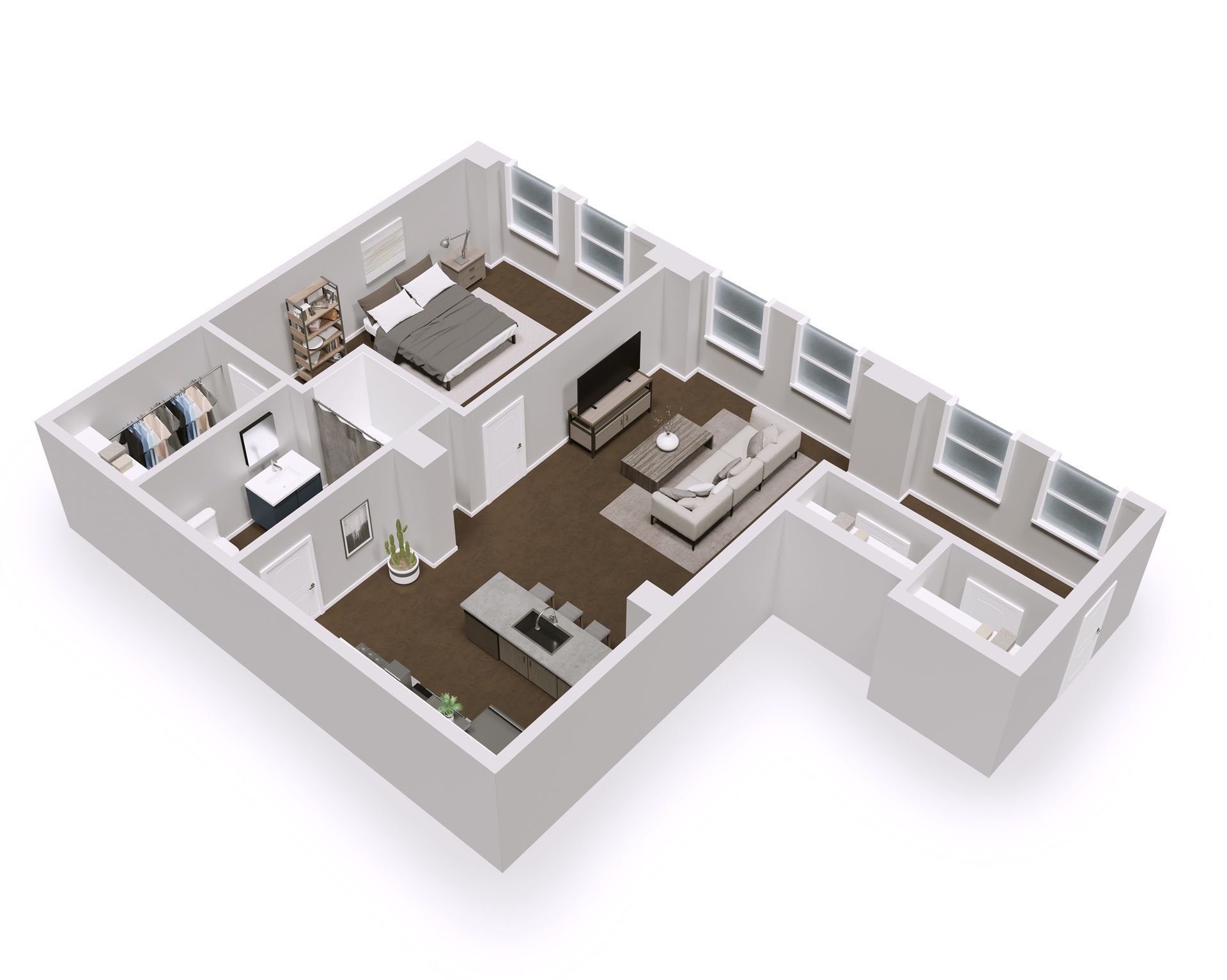 Isometric view of a 1-bedroom apartment floor plan. Features include a bedroom, living area, and kitchen.