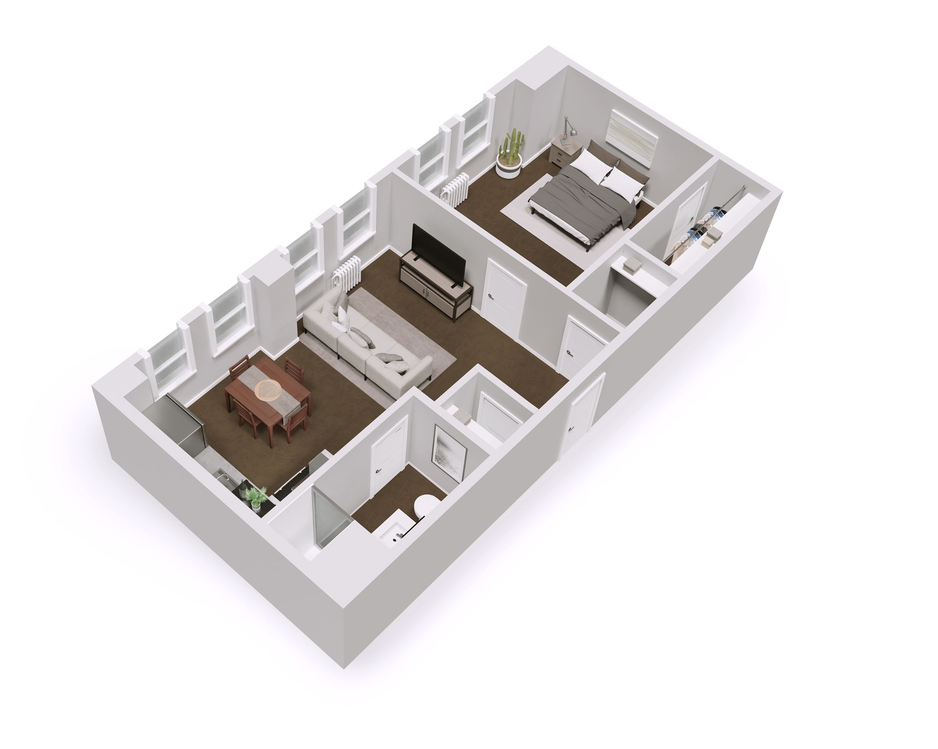 3D rendering of a modern 1-bedroom apartment with a living room, bedroom, kitchen, and bathroom.