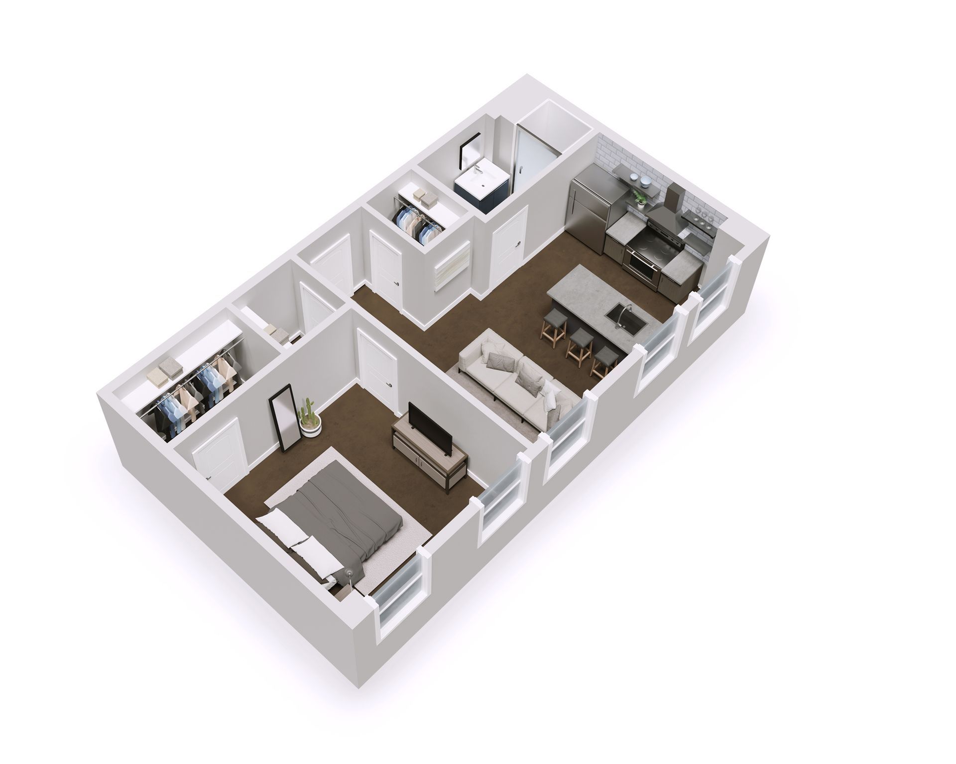 Floor plan of a modern 1-bedroom apartment with a bedroom, bathroom, kitchen, and living area.