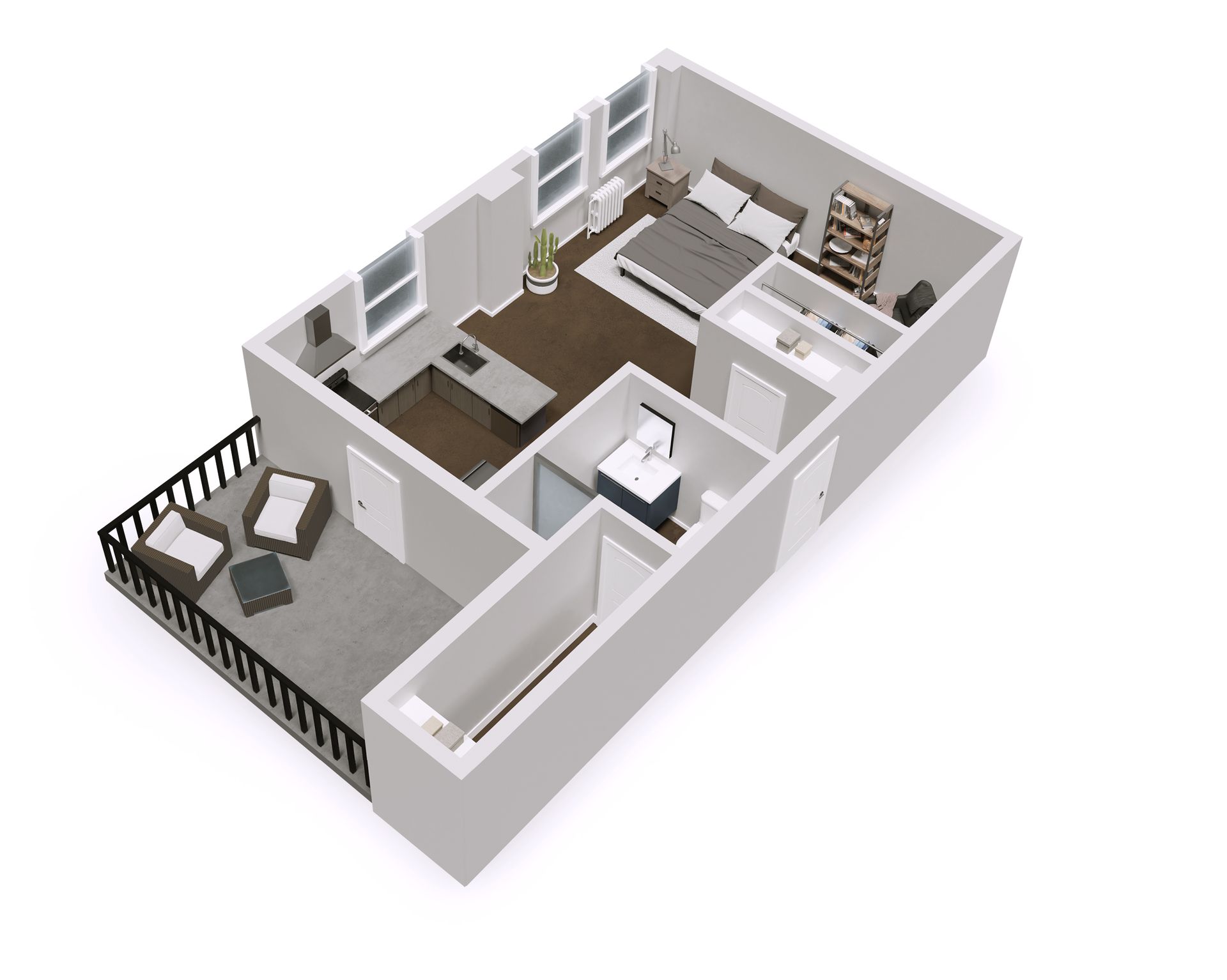 3D floor plan of a studio apartment with a balcony, kitchen, bedroom, and bathroom.