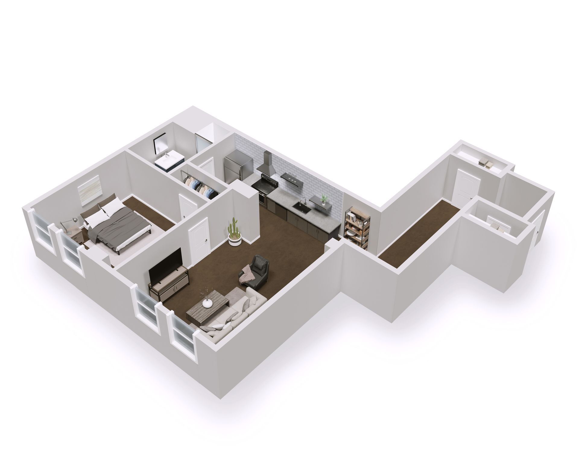 3D rendering of a modern 1-bedroom apartment layout; shows living room, kitchen, two bedrooms, and bathroom.