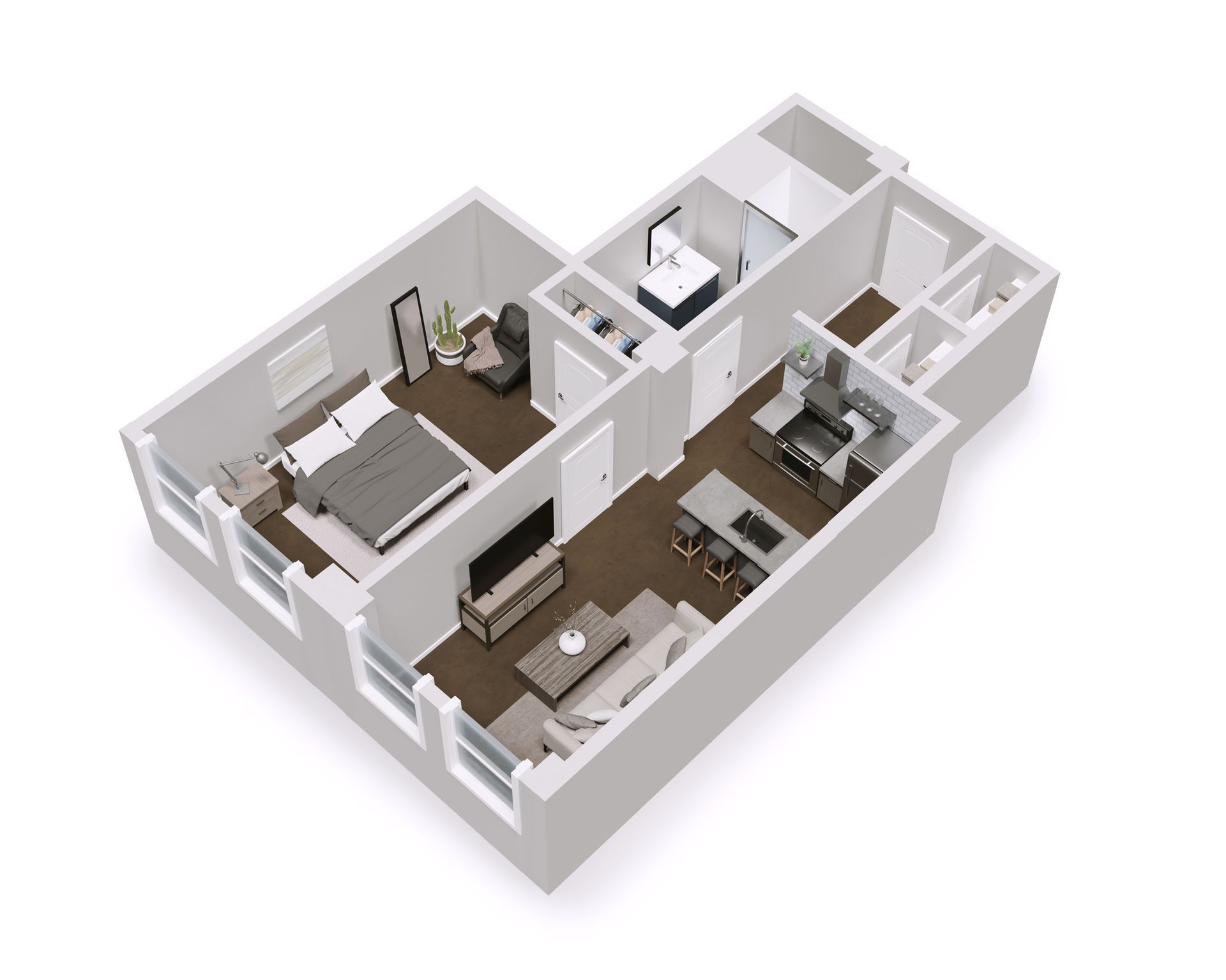 3D floor plan of a modern 1-bedroom apartment with a bedroom, living room, kitchen, and bathroom.