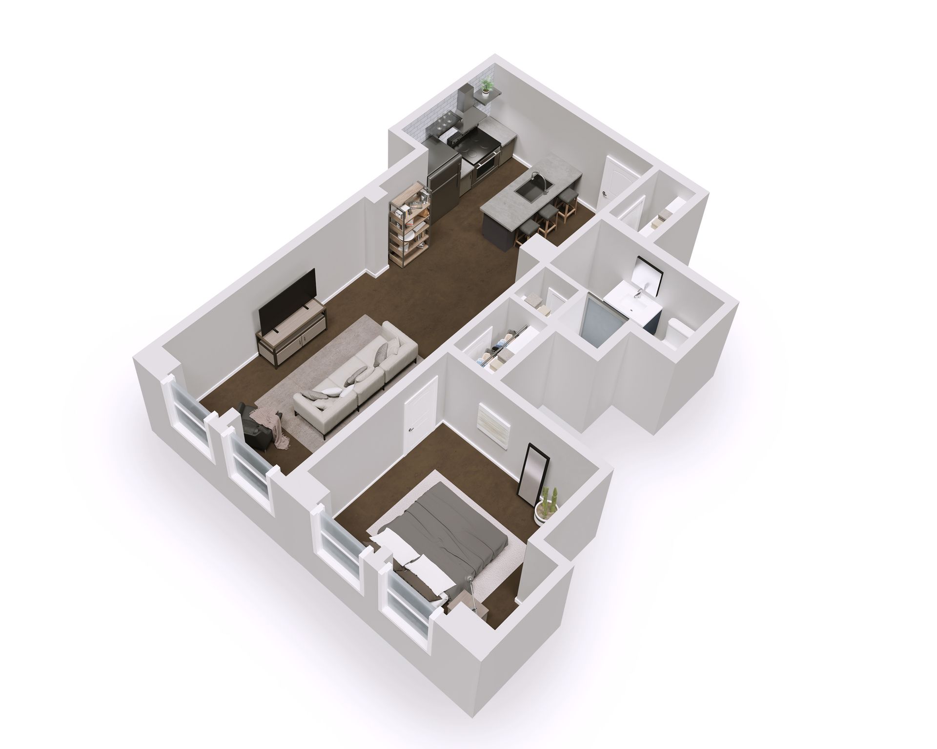 3D floor plan of a modern 1-bedroom apartment; living room, kitchen, bedroom, and bathroom are visible.