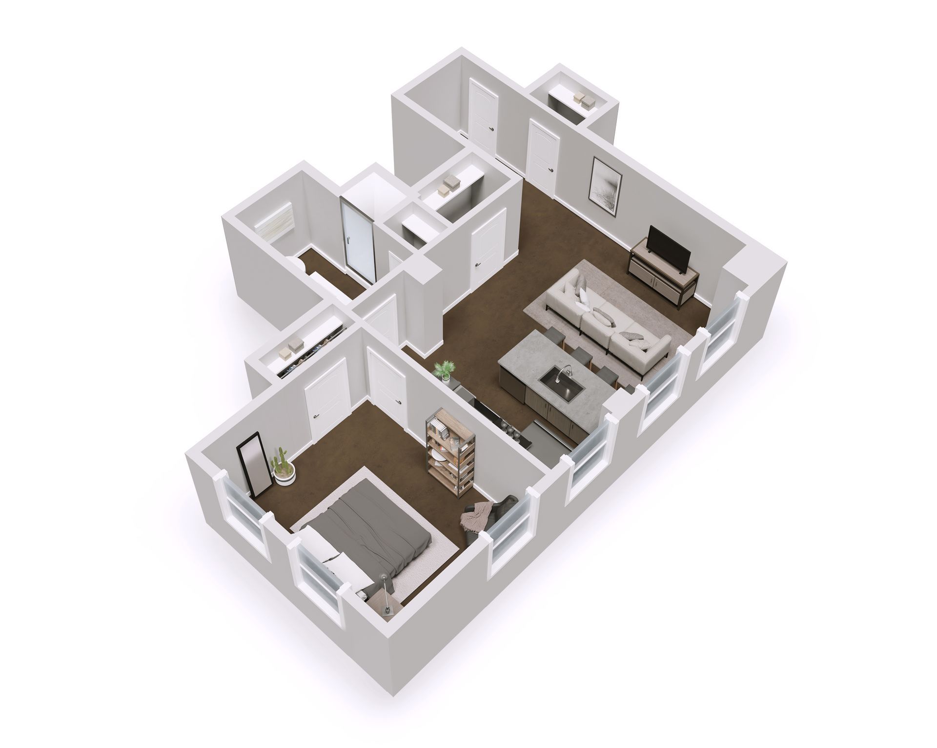 Floor plan of an apartment: bedroom, bathroom, kitchen with island, living area, and entry closet.