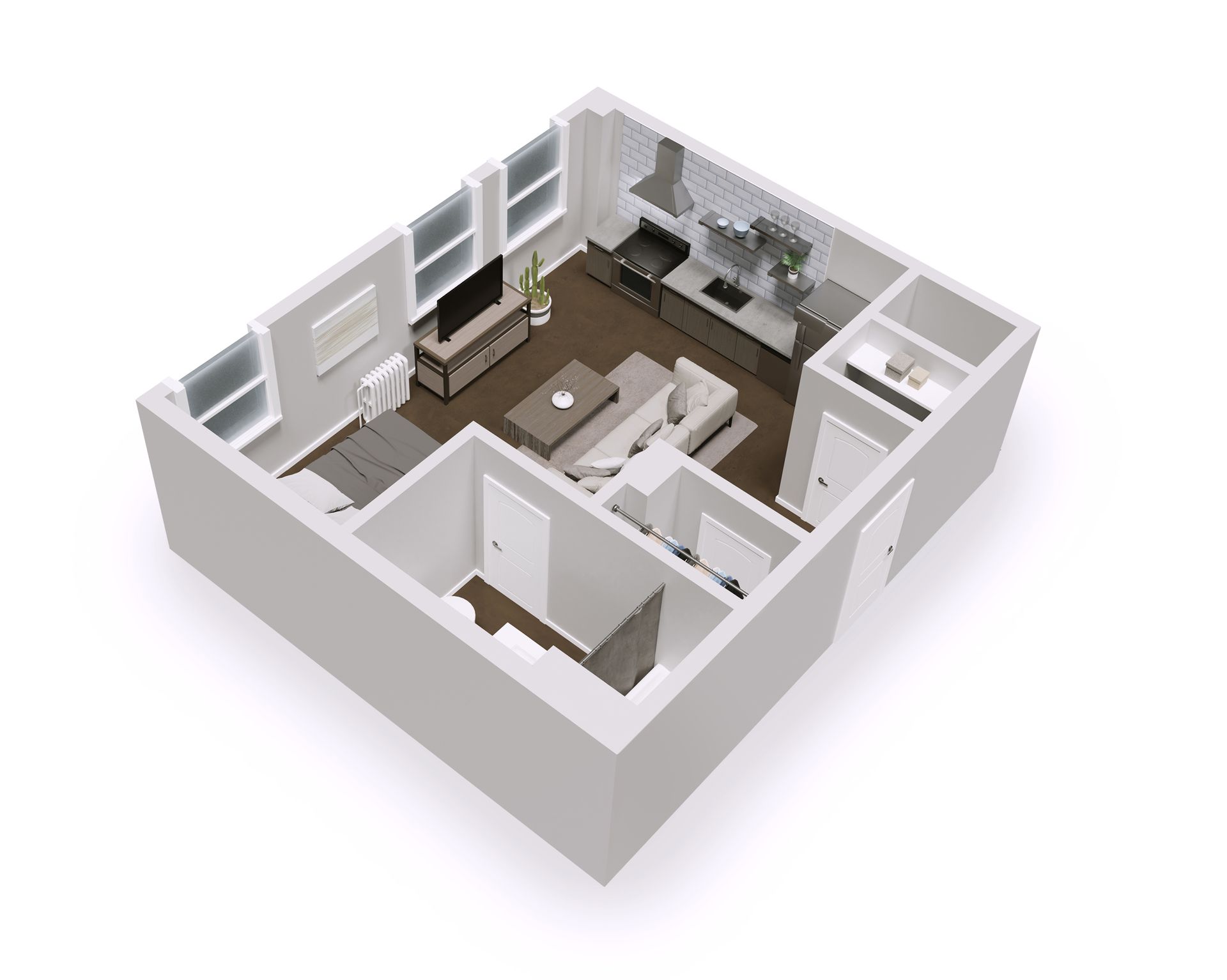 Isometric floor plan of a modern studio apartment with a kitchen, living area, bedroom, and bathroom.