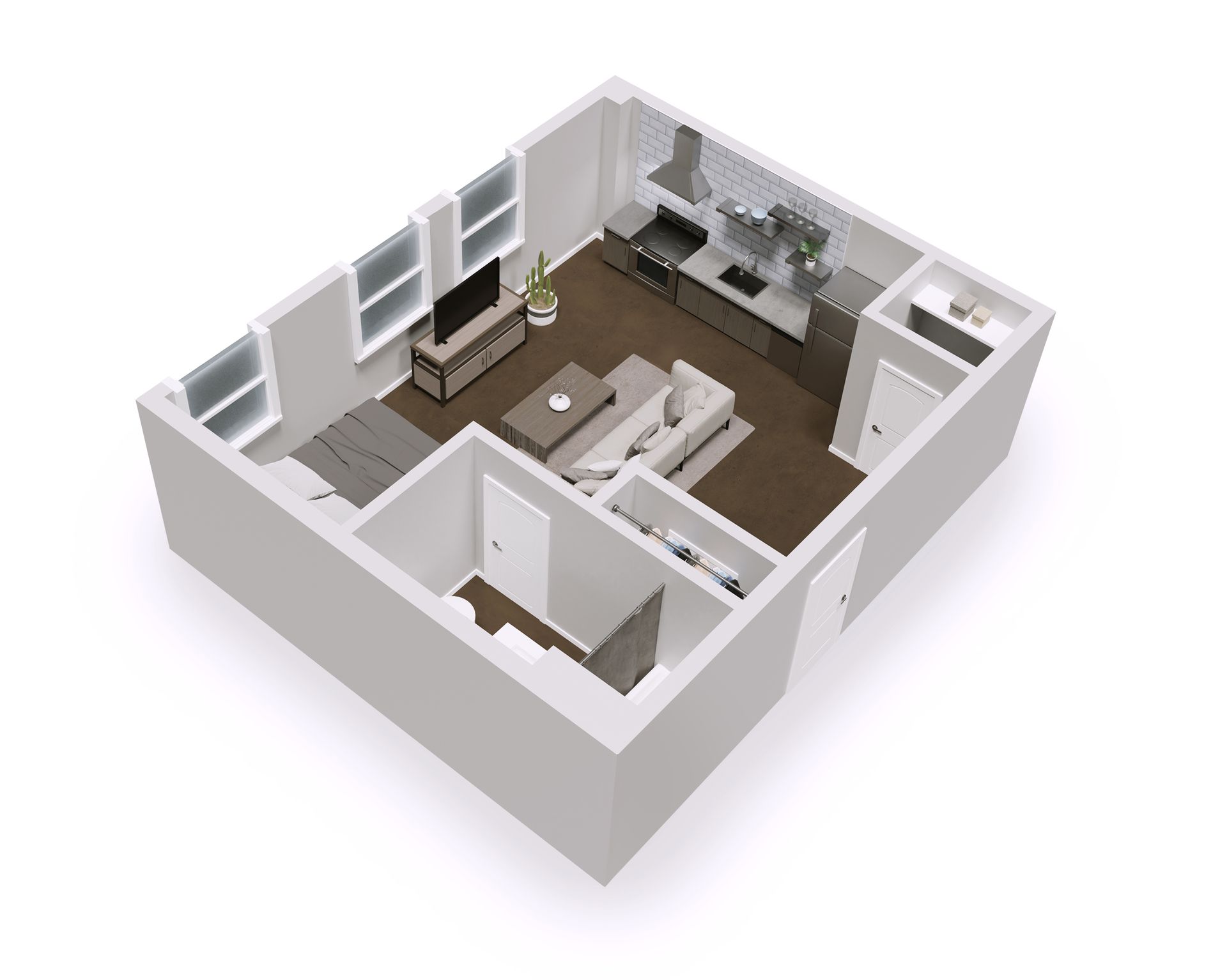3D rendering of a studio apartment with living, sleeping, and kitchen areas.