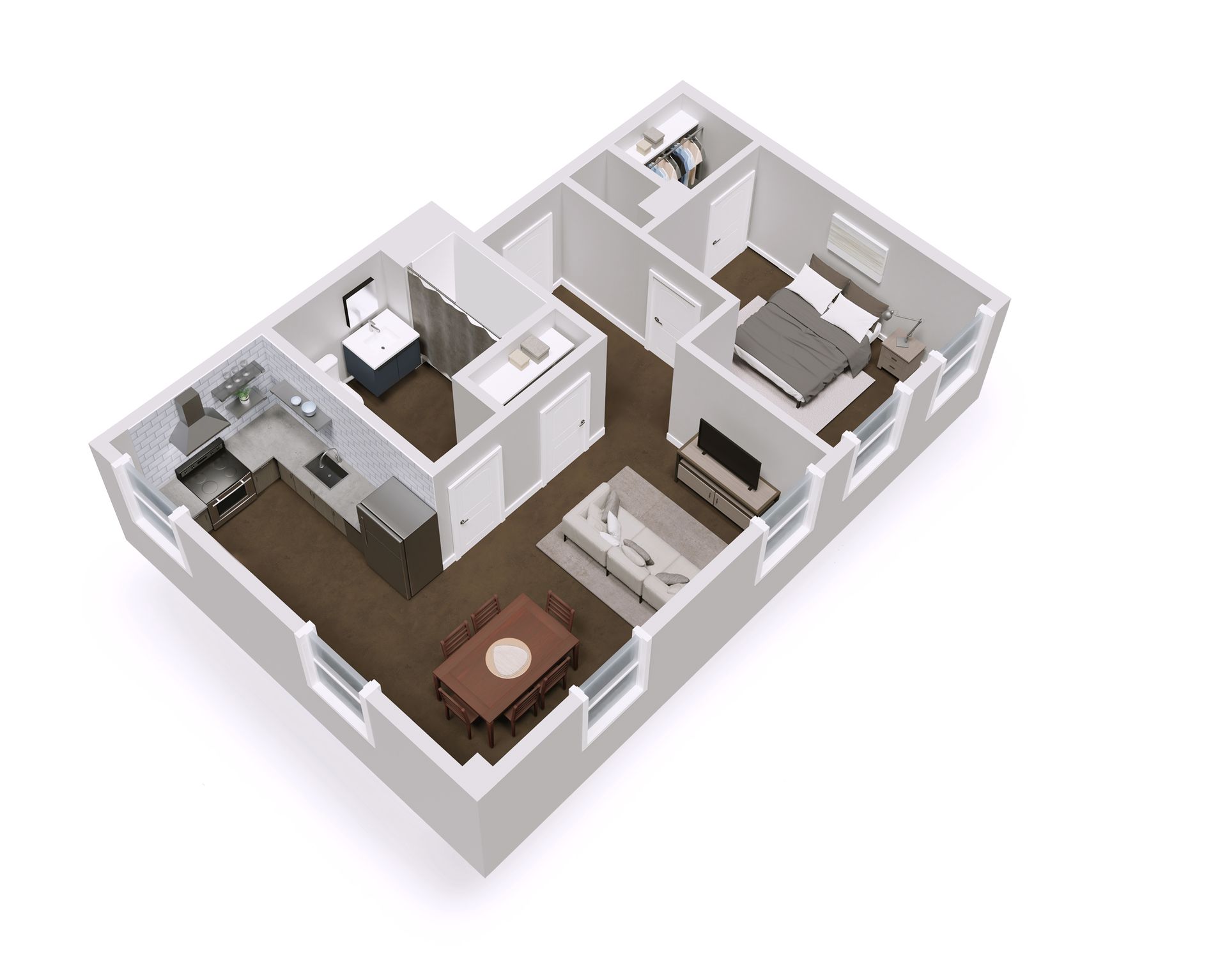 Floor plan of a modern 1-bedroom apartment with a kitchen, living room, dining area, and bedroom.