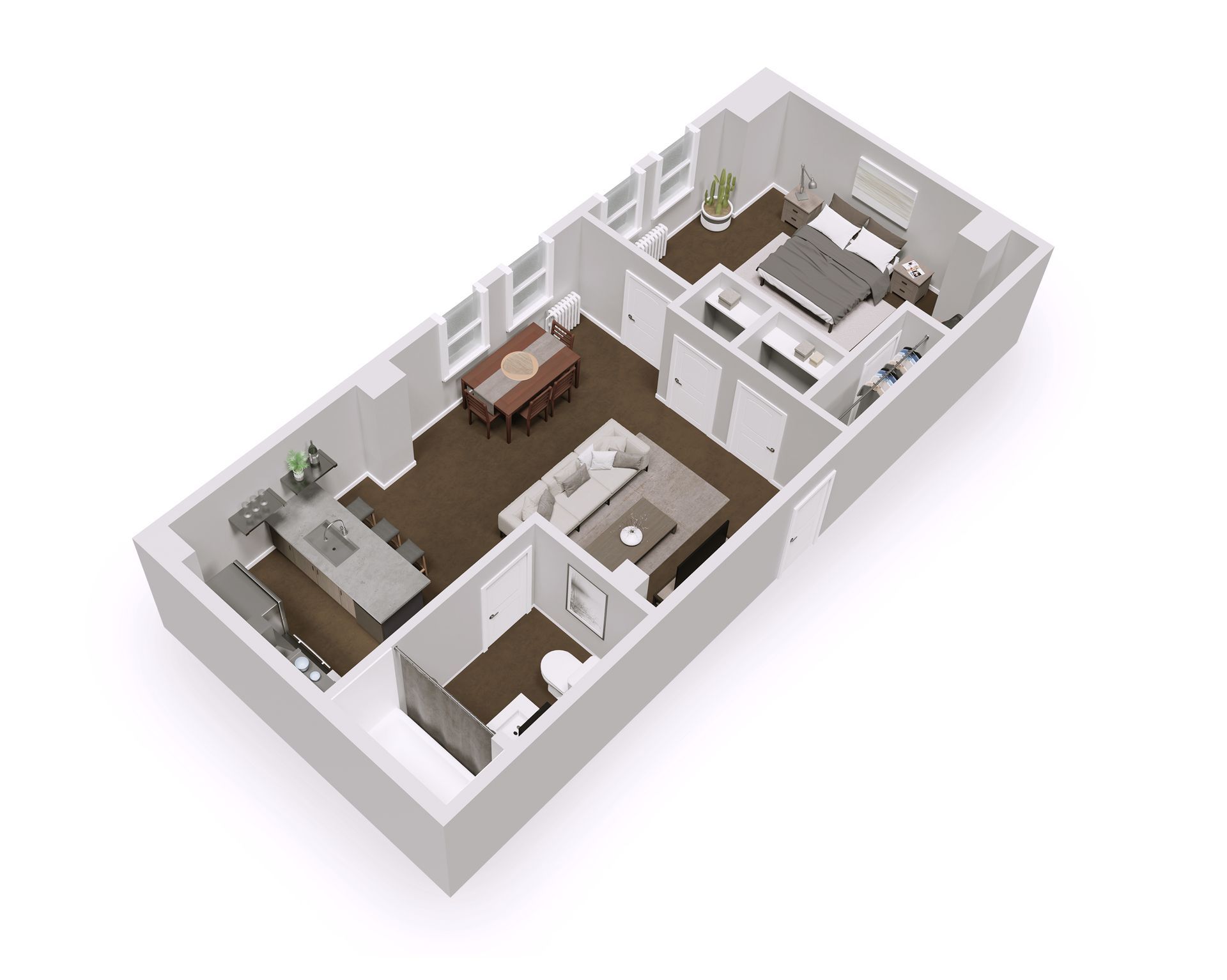 3D floor plan of a 1-bedroom apartment: bedroom, living room, dining area, kitchen, and bathroom; neutral colors.