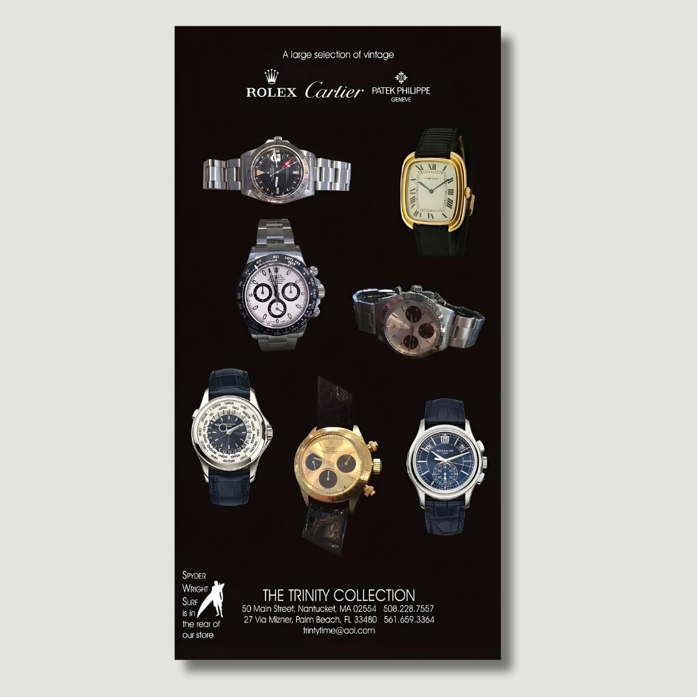 Luxury watch ad featuring Rolex and Cartier watches.