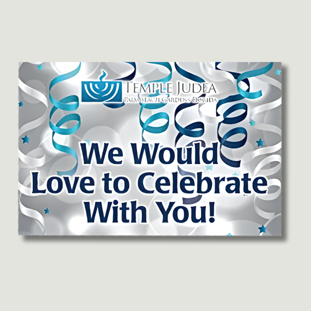 Celebratory graphic for Temple Judea, with blue and silver streamers, text: 