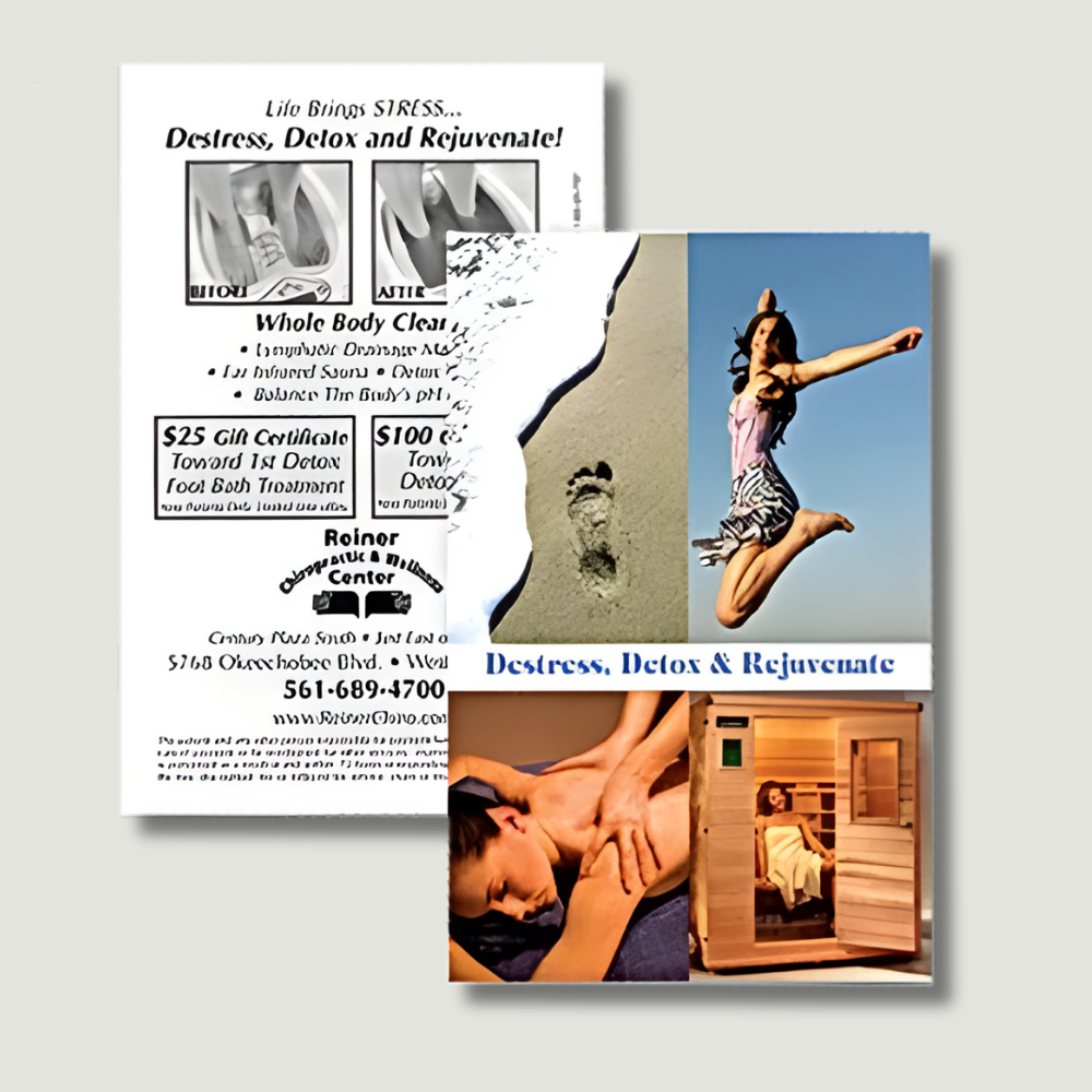 Advertisement with text and images for wellness services, including detox and massage.