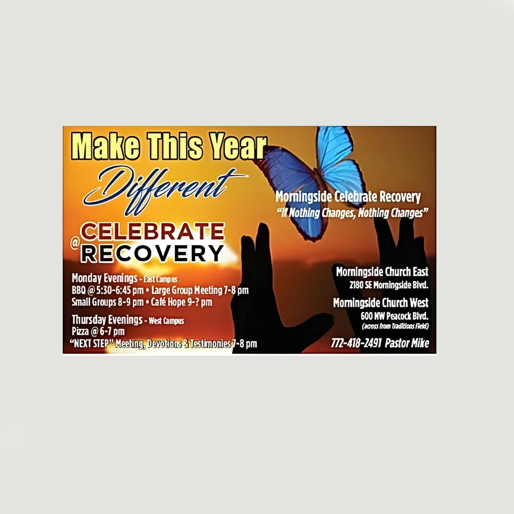 Advertisement for Celebrate Recovery at Morningside Church East and West. Features butterfly, hands, sunset.