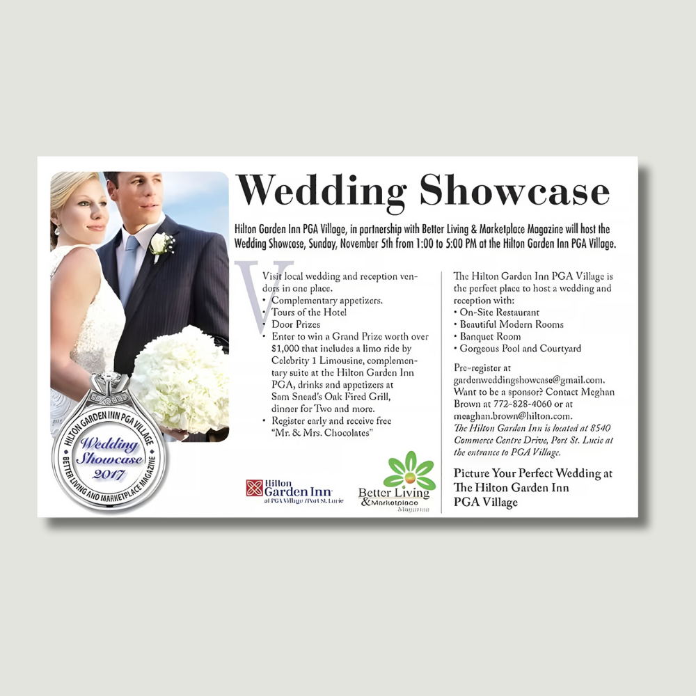 Wedding showcase ad: Couple, Hilton Garden Inn in PGA Village, November 5th.