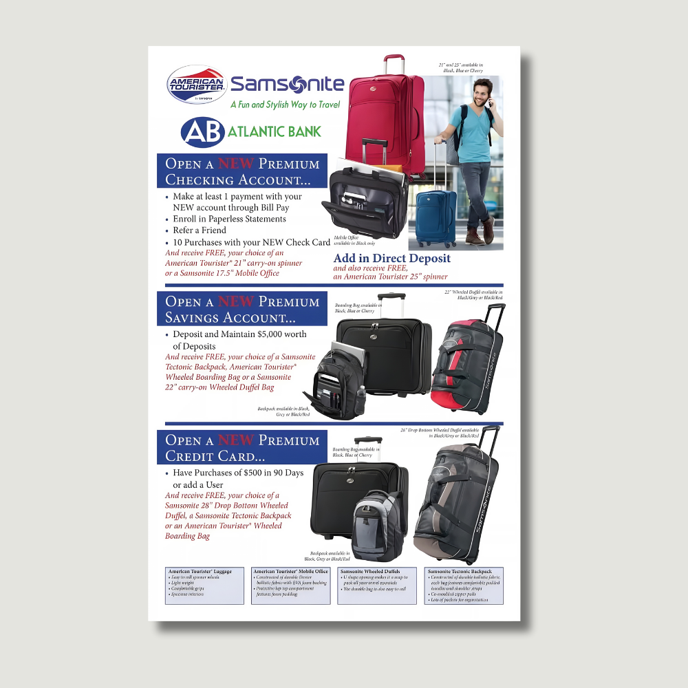 Advertisement for Atlantic Bank offering Samsonite luggage as a promotion for opening premium accounts.