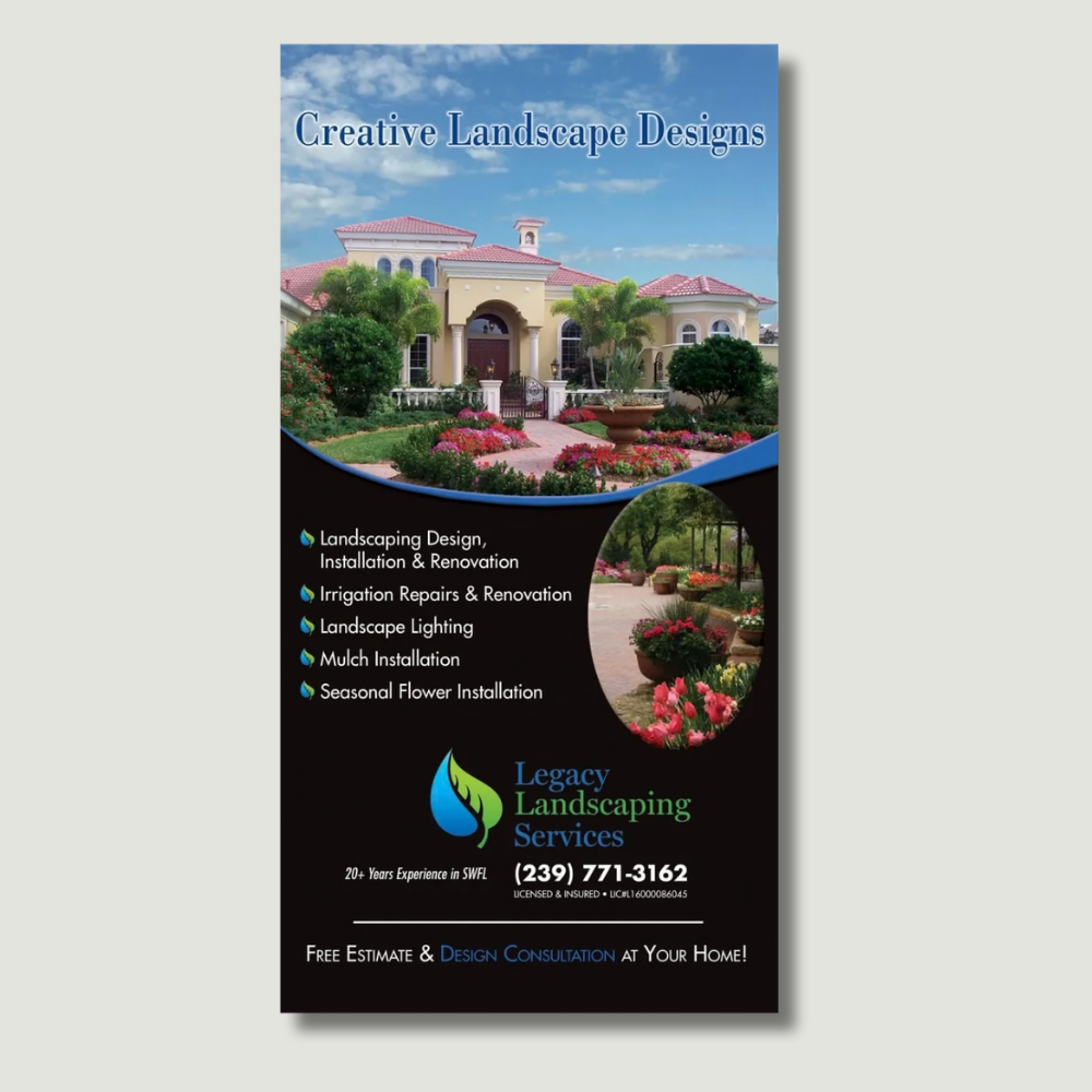 Landscape design advertisement: a house with a garden, services listed.