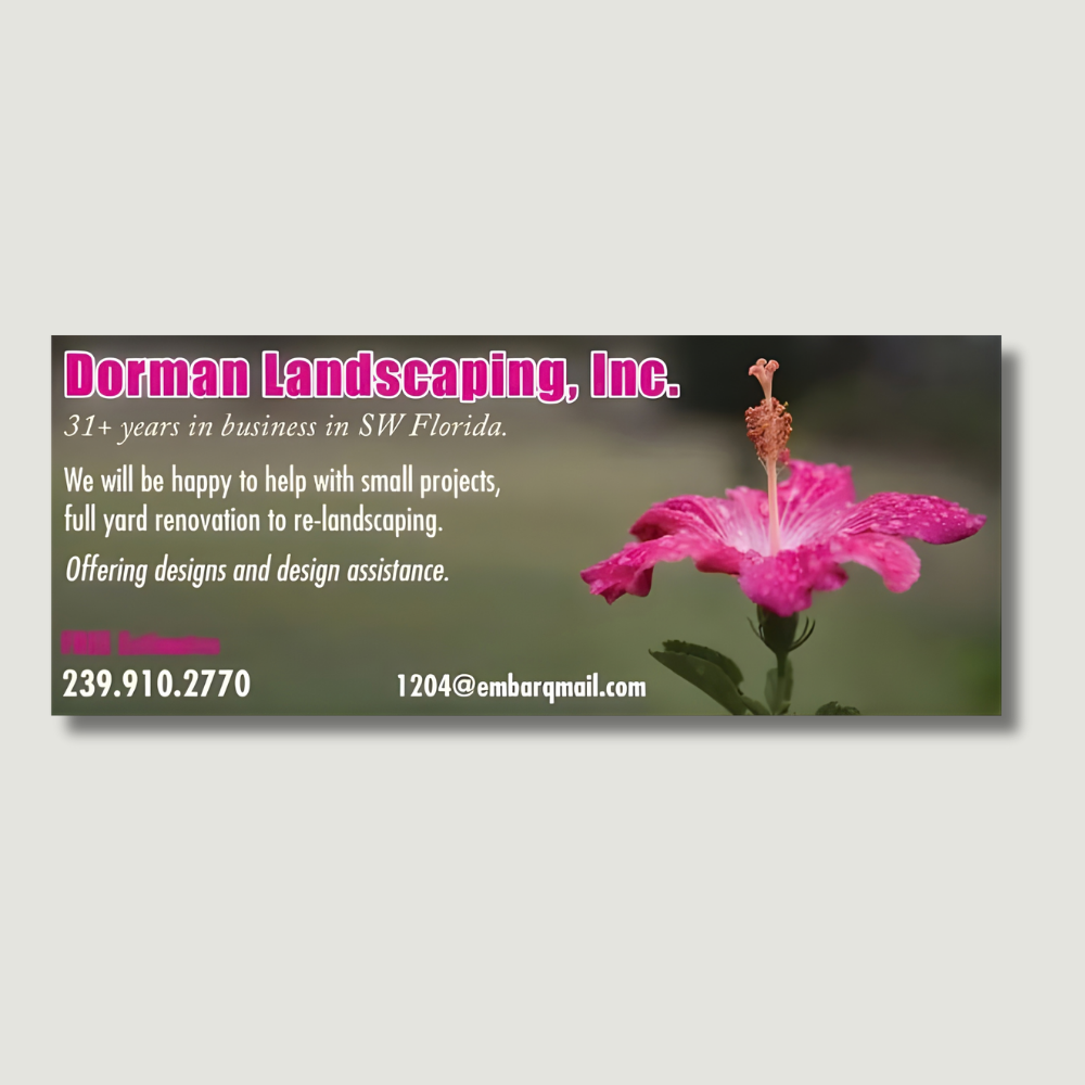 Landscaping business card with pink flower, phone number, and email.