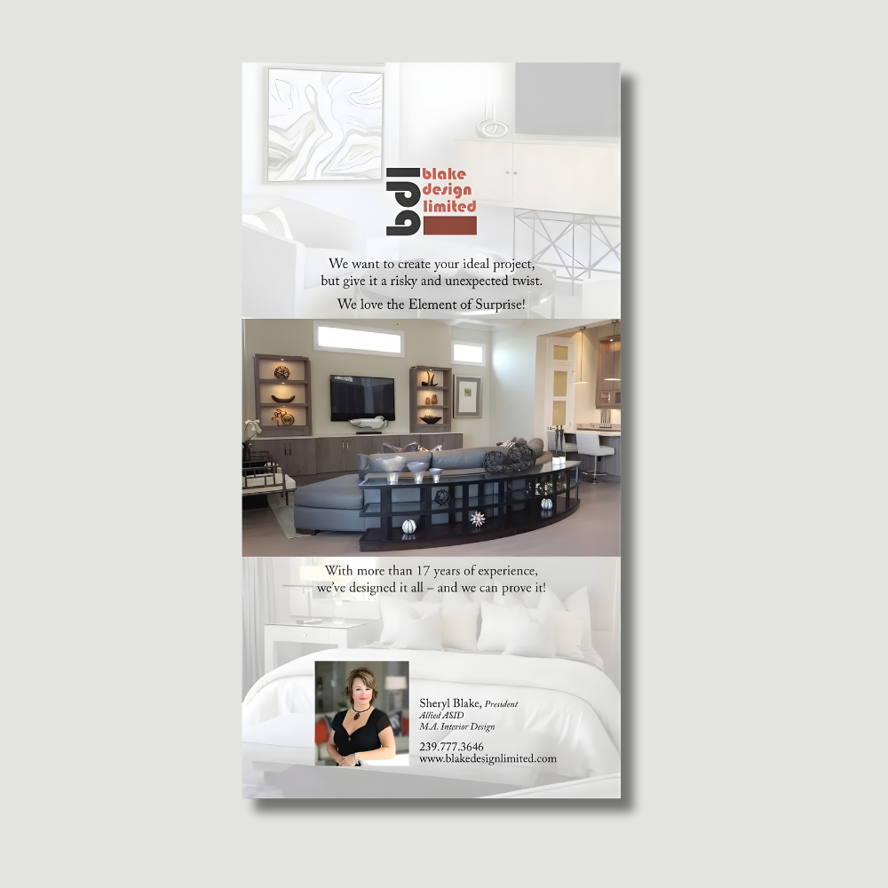 Interior design advertisement featuring a modern living room and a bedroom. Includes company logo and contact details.