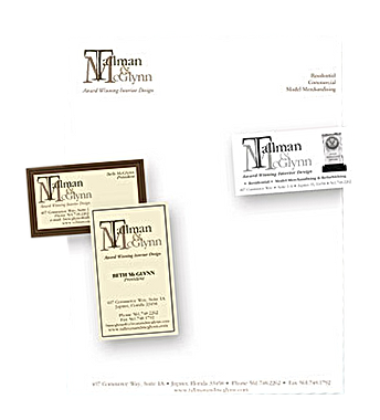 Stationery layout with company logo, business cards, and contact information.