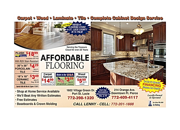 Ad for Affordable Flooring: Shows wood, tile, and cabinet design services, with prices and contact info.