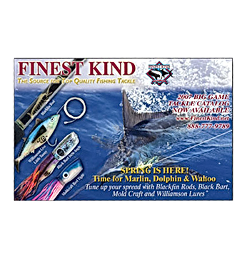Advertisement for fishing tackle, featuring a marlin leaping from the ocean with various lures.