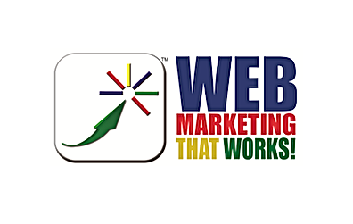 Logo for Web Marketing, white box with multi-colored starburst and green arrow; text 