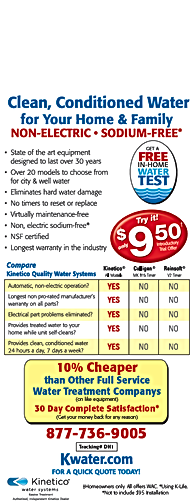 Advertisement for Kinetico water systems offers clean, conditioned water with free water test.