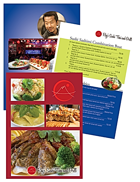 Restaurant menu featuring food photos and chef portrait.