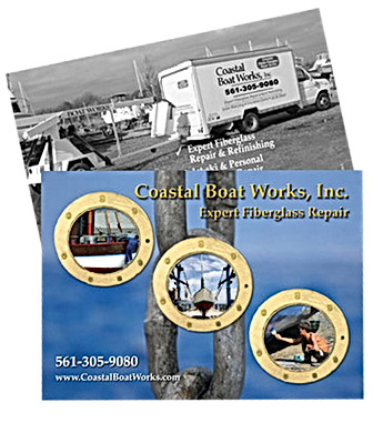 Coastal Boat Works, Inc. advertisement showing a repair truck and boat portholes with repair images.