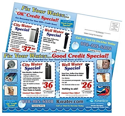 Advertising postcard: water treatment specials for city and well water, featuring a person, products, and contact info.