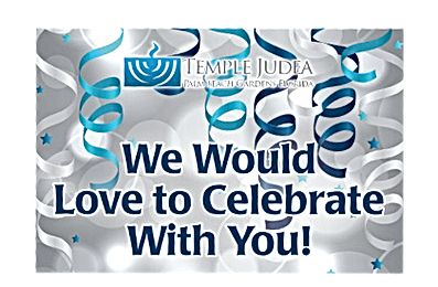 Celebratory graphic for Temple Judea, with blue and silver streamers, text: 