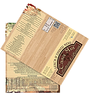 Casa Mia Trattoria & Pizzeria menu, wood grain design, folded open.